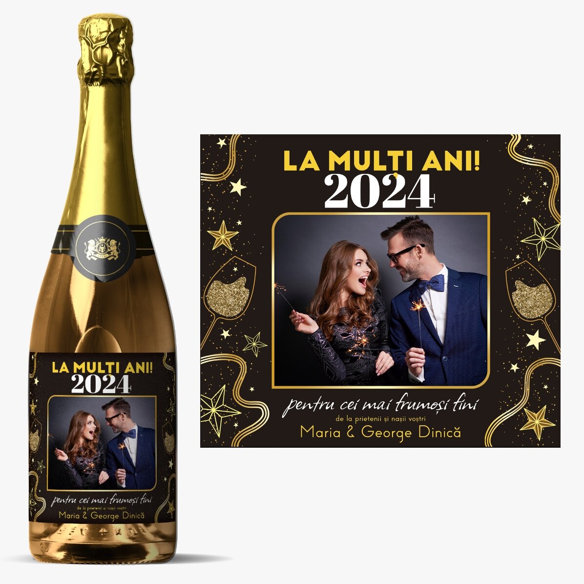 Vin spumant personalizat cu text și poză - La mulți ani! 2024