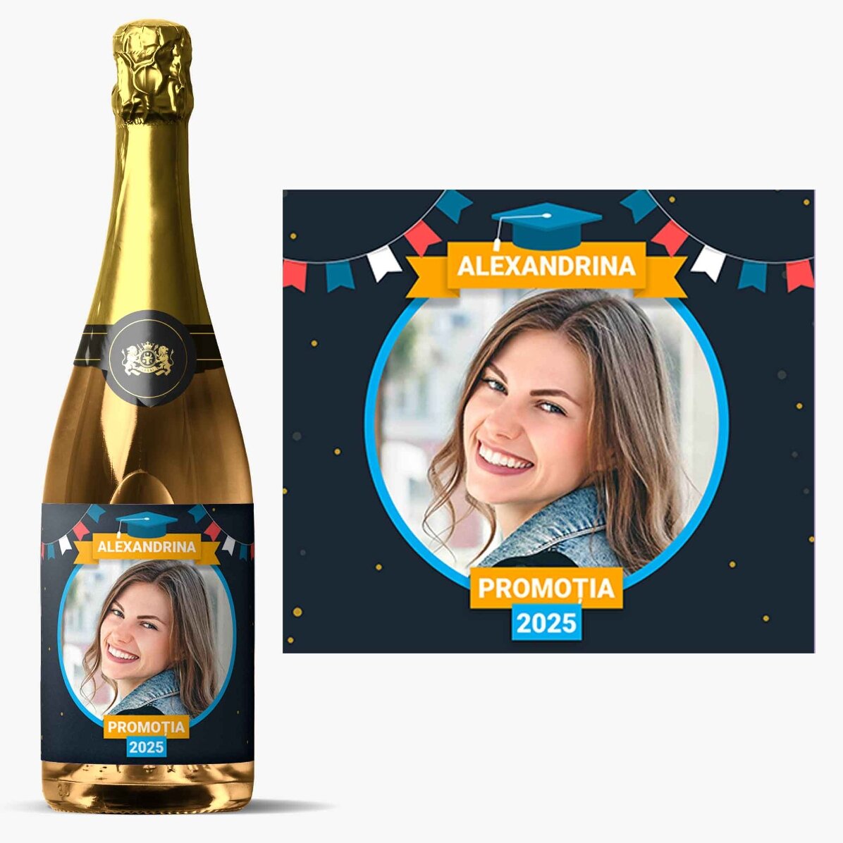 Vin spumant personalizat cu text si poza pentru absolvire 