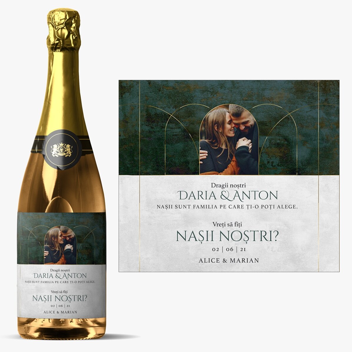 Vin spumant personalizat cu text și poză - Vreți să fiți nașii noștri?